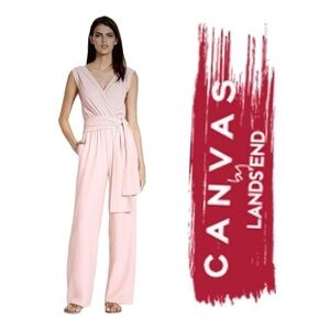 Land’s End Canvas Sleeveless Belted Wide Leg Pale Ballet Pink‎ Lined Jumpsuit 4